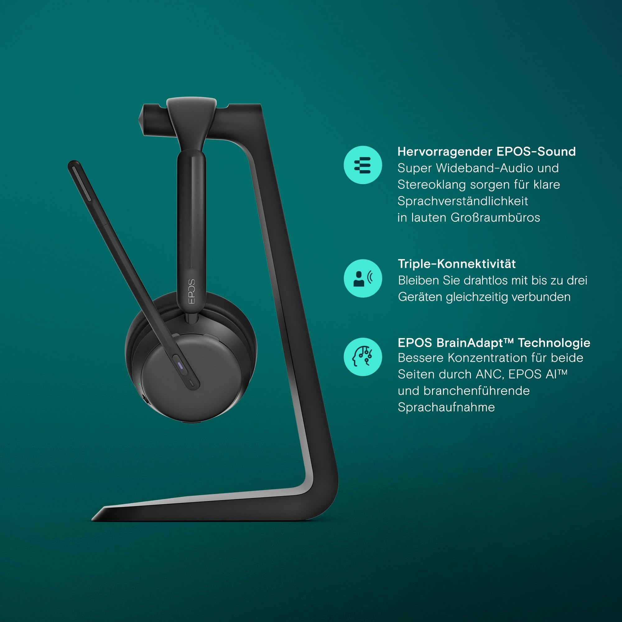 EPOS Impact 1061T ANC Professionelles Bluetooth Headset - Beidseitig, Adaptive ANC, EPOS AI Spracherkennung, BrainAdapt Technologie