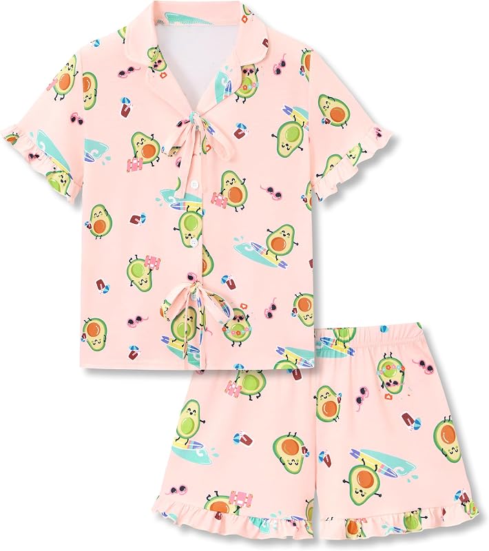 Girls Pajamas Coat Style Trendy Print Short Sleeve Set Size 6-18 | Soft Stretch Fabric, Button-Down Top, Fixed Bow Detail, Ruffle Trim, Elastic Waist Shorts, Little & Big Girl Sleepwear