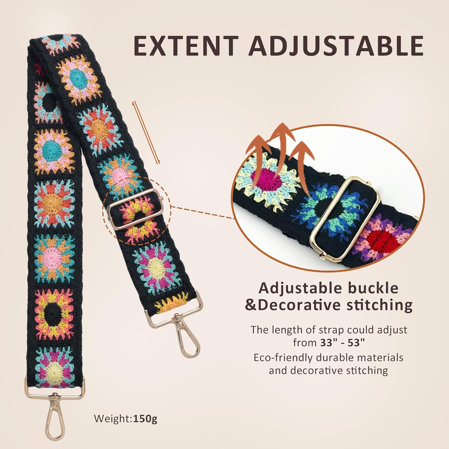 Snycler Wide Purse Straps Crochet Flower Replacement Crossbody for Handbag Adjustable 33-53inch Embroidery Knit Guitar Shoulder Strap (boho3-black) - Image 3