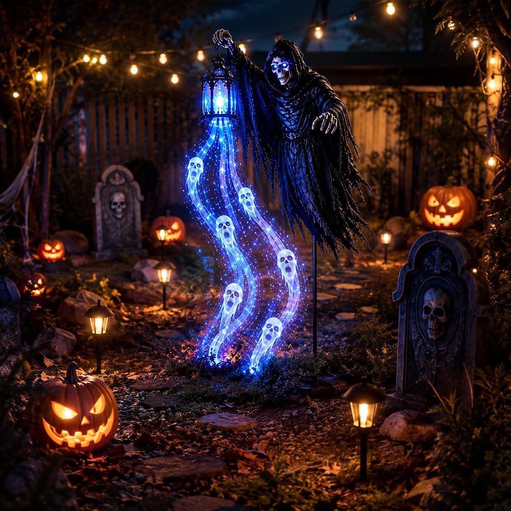 Halloween Animated Solar Stake Light,Ghost Blue Led Outdoor Yard Decor
