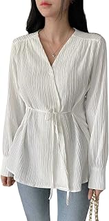 Leriya Fashion Women's V-Neck Pleated Tunic Top - Long Sleeve Drawstring Waist Summer Blouse, Lightweight Casual Shirt for... Price In India
