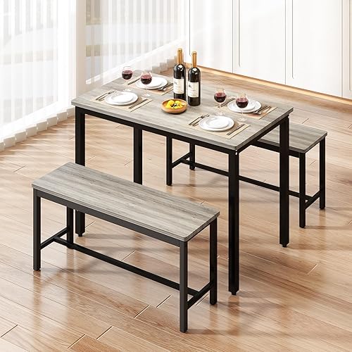 Rovibek Juego de 4 sillas de mesa de comedor, mesa de cocina moderna que ahorra espacio con 2 bancos y patas ajustables, mesa de desayuno, estilo