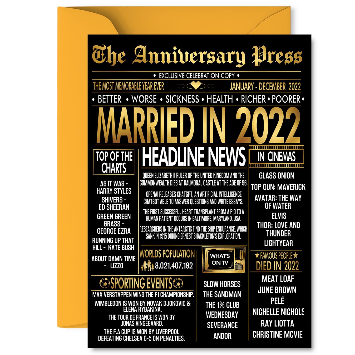 Gold 4th Anniversary Card for Women Men - Newspaper Married in 2022 - Happy 4 Year Wedding Anniversary Card for Husband Companion Wife Partner, 5x7 Inch Anniversaries Greeting Cards