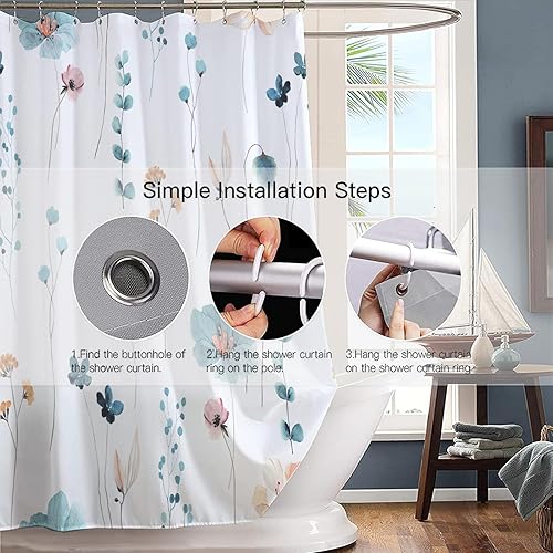 Miniatura 3 de Decoreagy Juego de cortinas de ducha con diseño floral de acuarela, cortinas de baño de flores verde azulado y naranja, cortina de baño moderna