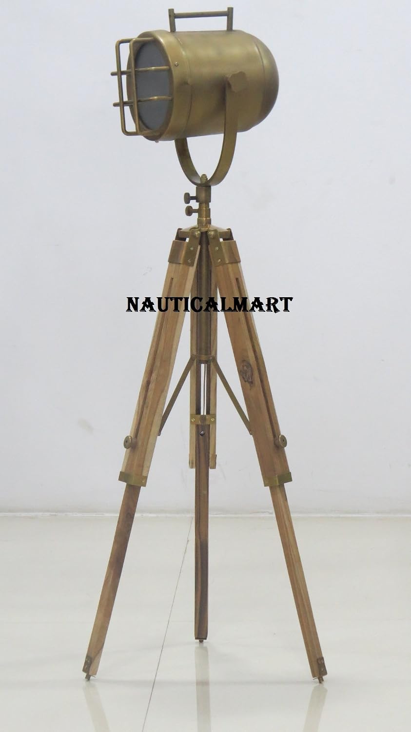 NauticalMart Antique Designer Theatre Searchlight Floor Lamp Tripod Two Fold Natural Stand