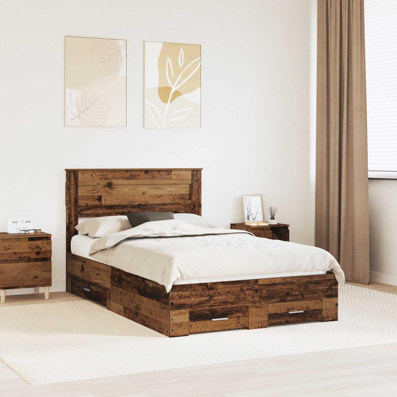 Betten - Cornice per letto in legno vecchio, 120 x 190 cm, con rete a doghe e 2 cassetti, struttura stabile, in legno Urban Chic per camera da letto, camera dei ragazzi, camera degli