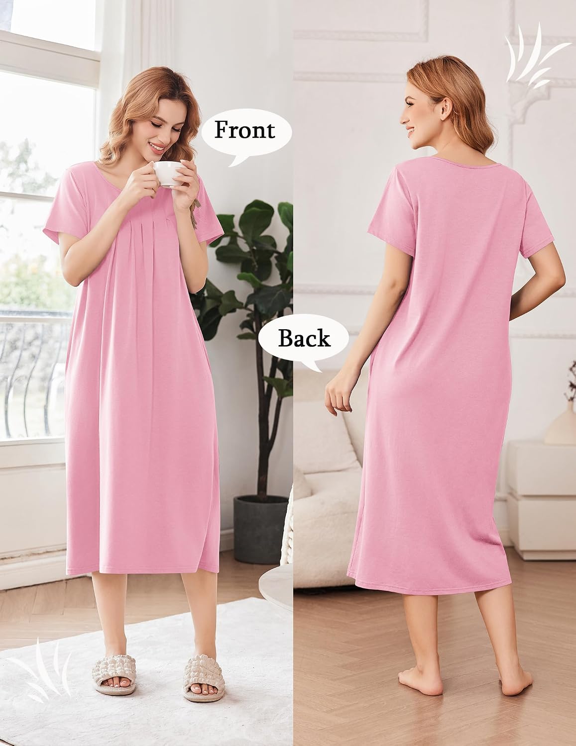 Ekouaer Cotton Nightgowns for Women Long Pleated House Dresses with Pockets image 3