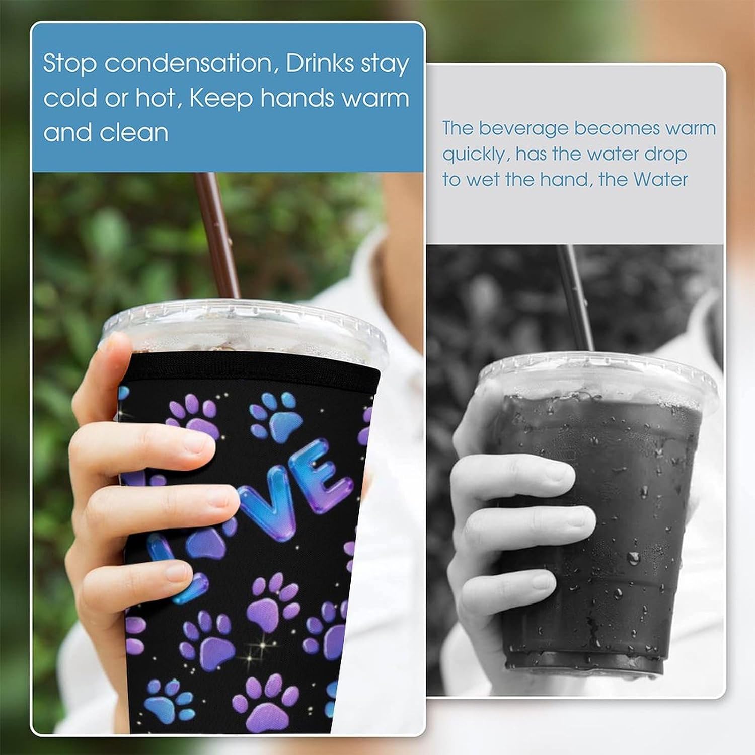 Paw Print Coffee Cup Sleeve - 3Pcs Purple Dog Paw Print Sleeveoffee Reusable Neoprene Insulator Sleeves Suitable Iced Coffee Cups Sleeve 16-32 Oz For Hot And Cold Drinks Cups Sleeves