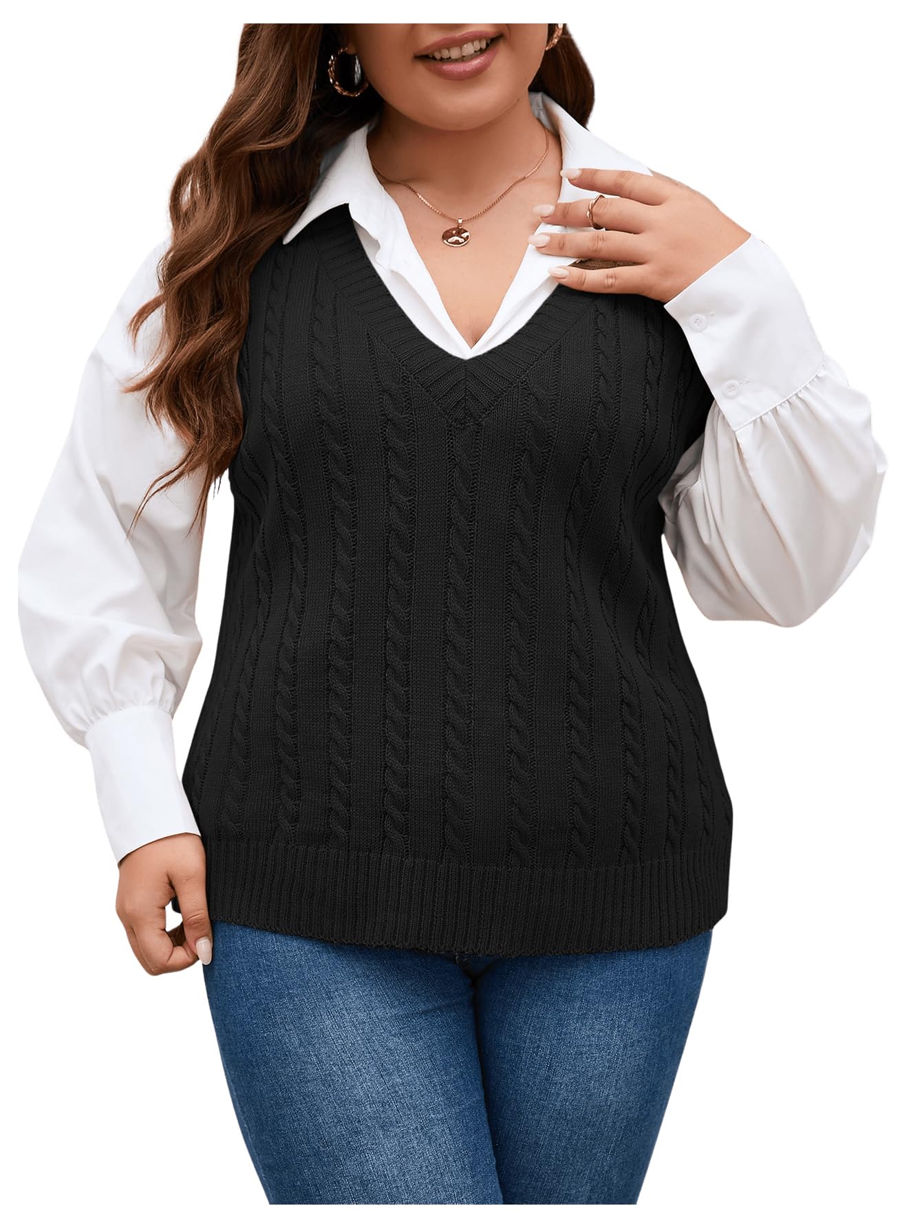 OYOANGLE Womens Plus Size Pullover Ribbed Solid Color Cable Knit Vest Top Sleeveless Stretch Sweater Vest