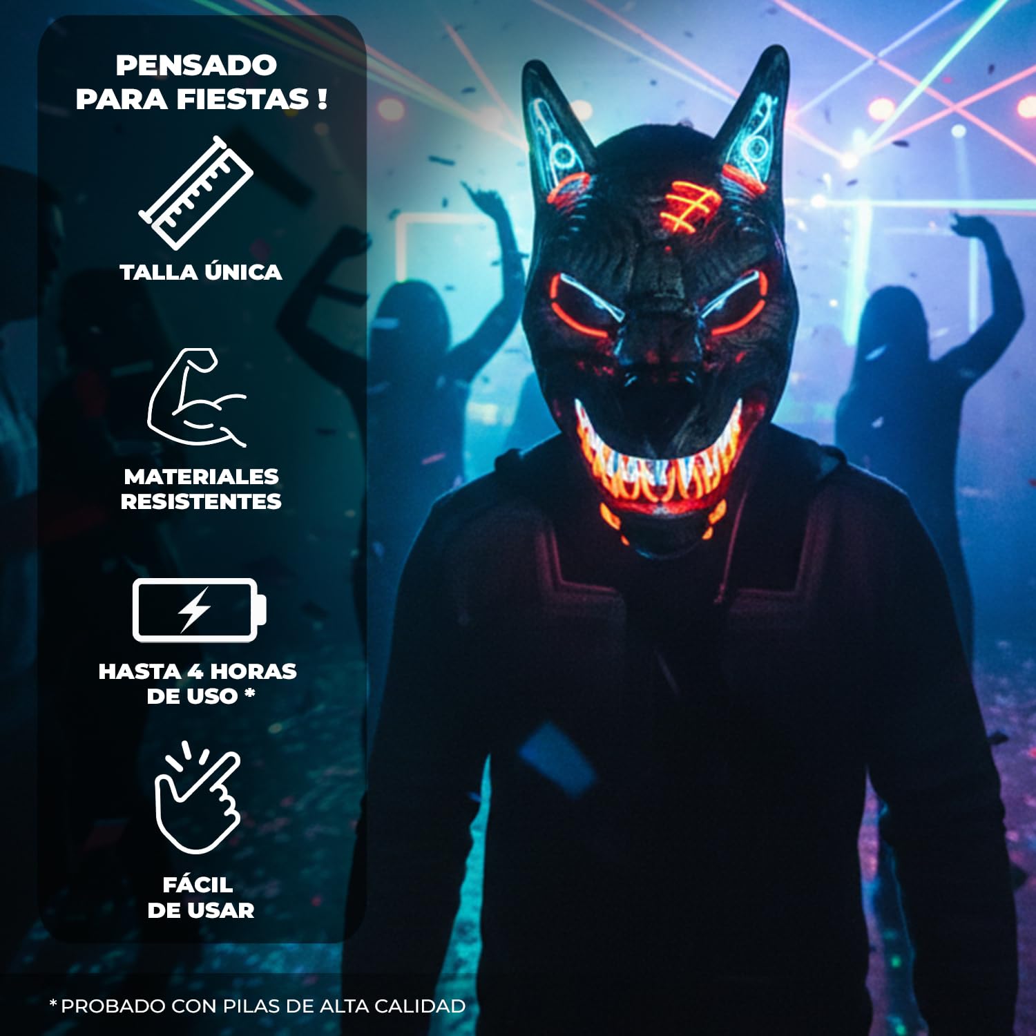 Original Cup Máscara LED Hombre Lobo | Plástico Rígido | 3 Modos de Parpadeo | Máscara LED de Halloween | Neón | 100% Horror | 100% Diversión