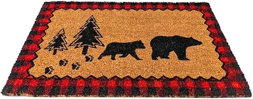 Miniatura 4 de Tapete de fibra de coco  Mama Bear con cachorro en el bosque con borde rojo a cuadros  Decoración del hogar temática de cabaña, tapete de bienvenida