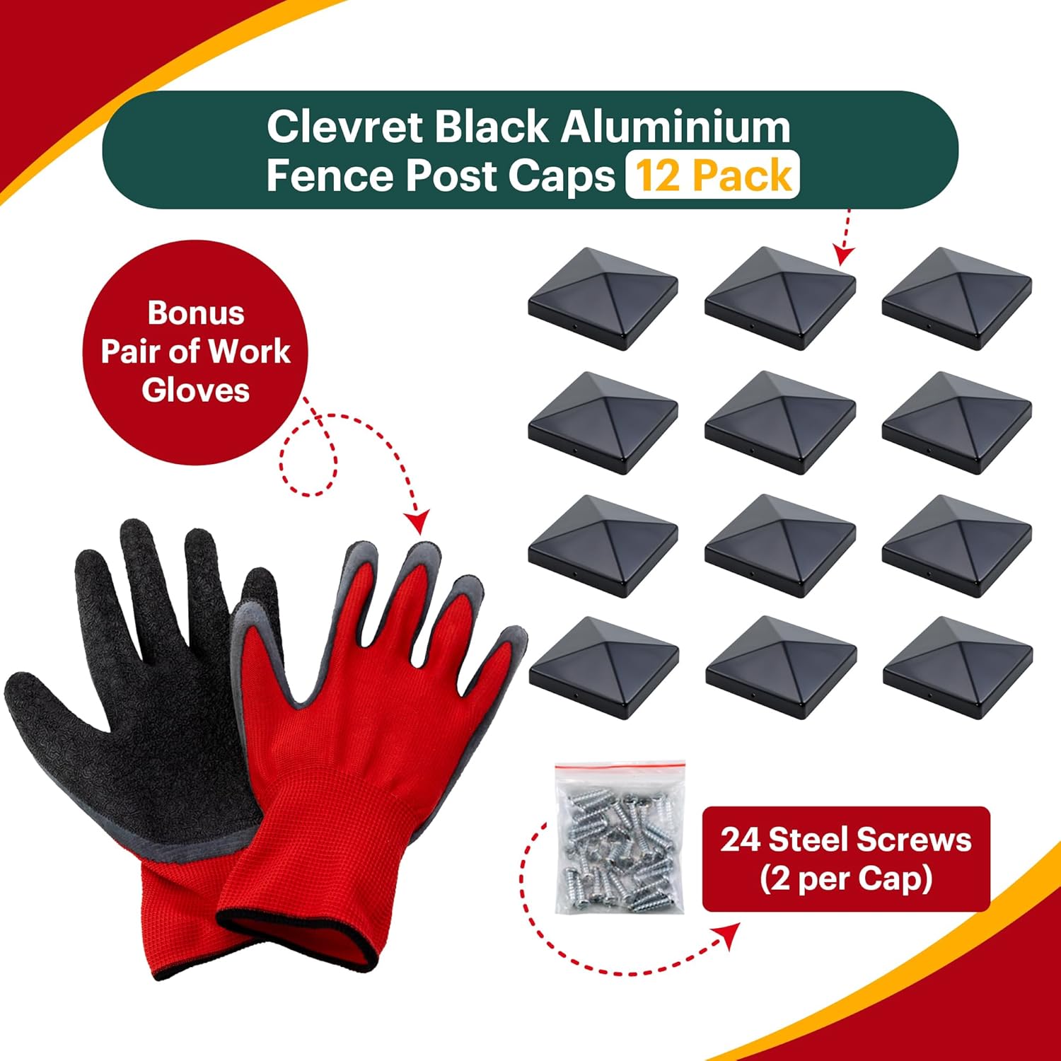 4x4 Fence Post Caps Aluminum 12 Pack – Black Pyramid Metal Caps for Wooden Deck & Fence Posts – Fits True 4x4 Posts (4” x 4”) – Rust Resistant Outdoor Post Toppers with Screws & Gloves