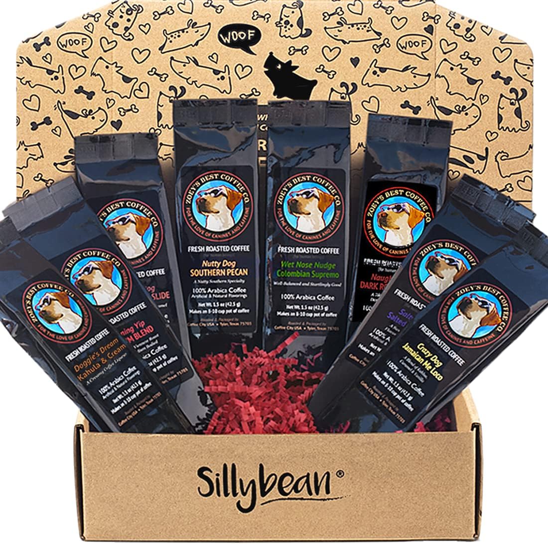 Sillybean Best Dog Mom Dog Dad Ground Coffee Sampler Gift Box | 8 Delicious Fresh Roasted Coffees with Fun Dog-Themed Names and Labels Ready to Give or Send