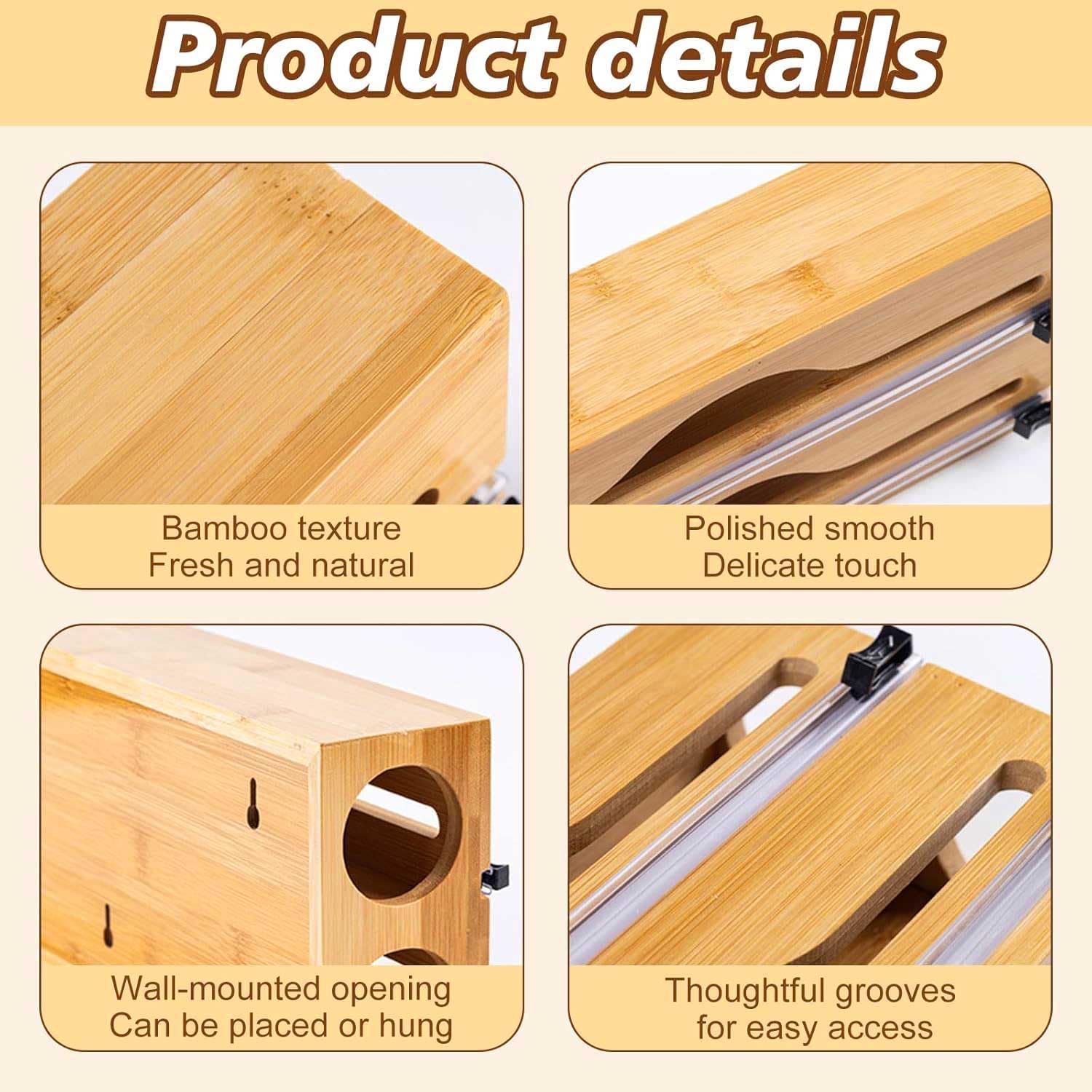 Derouleur Film Alimentaire en Bambou, Distributeur Papier Aluminium et Film avec Cutter Coulissant, Distributeur Film Alimentaire Compatible avec rouleaux de 30cm, Organisateur Tiroir Cuisine Efficace