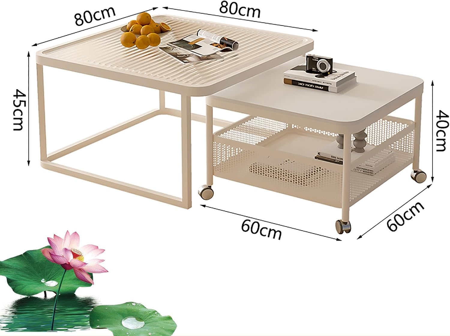Square Nesting Coffee Table Set Modern Side End Table for Living Room Cream White
