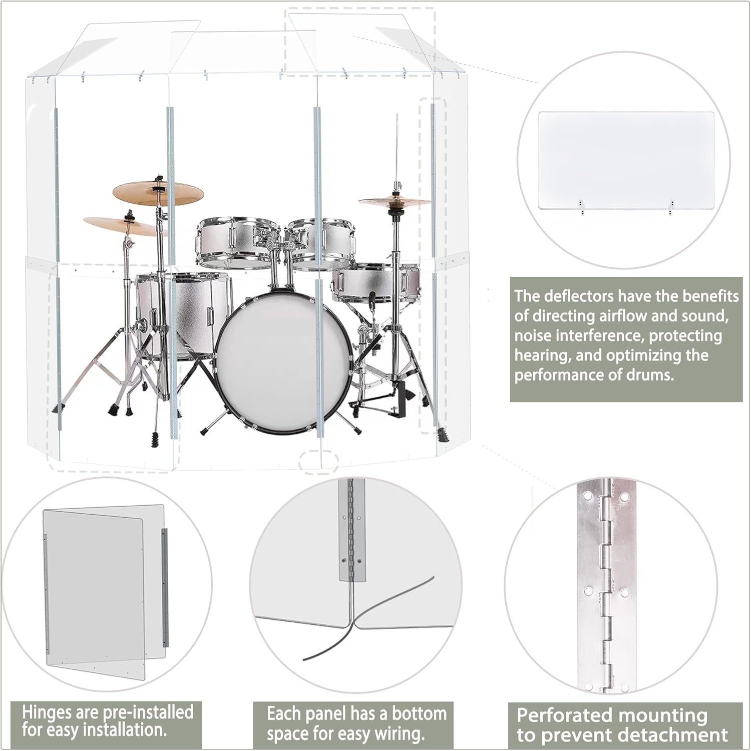 Portable Drum Shield. Converts to 2ftx6ft. Full-Length Stainless Steel Hinges. Drum Cage for Home, Church, Practice & Performances (5 panels with deflectors).