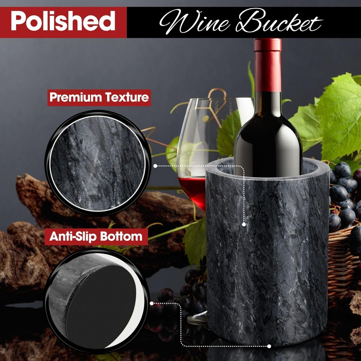 Flexzion Marble Wine Chillers for Bottles - Champagne Cooler & Multi-Purpose Marble Utensil Holder for Kitchen - Adaptable Stone Wine Bottle Chiller Bucket for Party, Bar, Home Decor, Black - Image 9