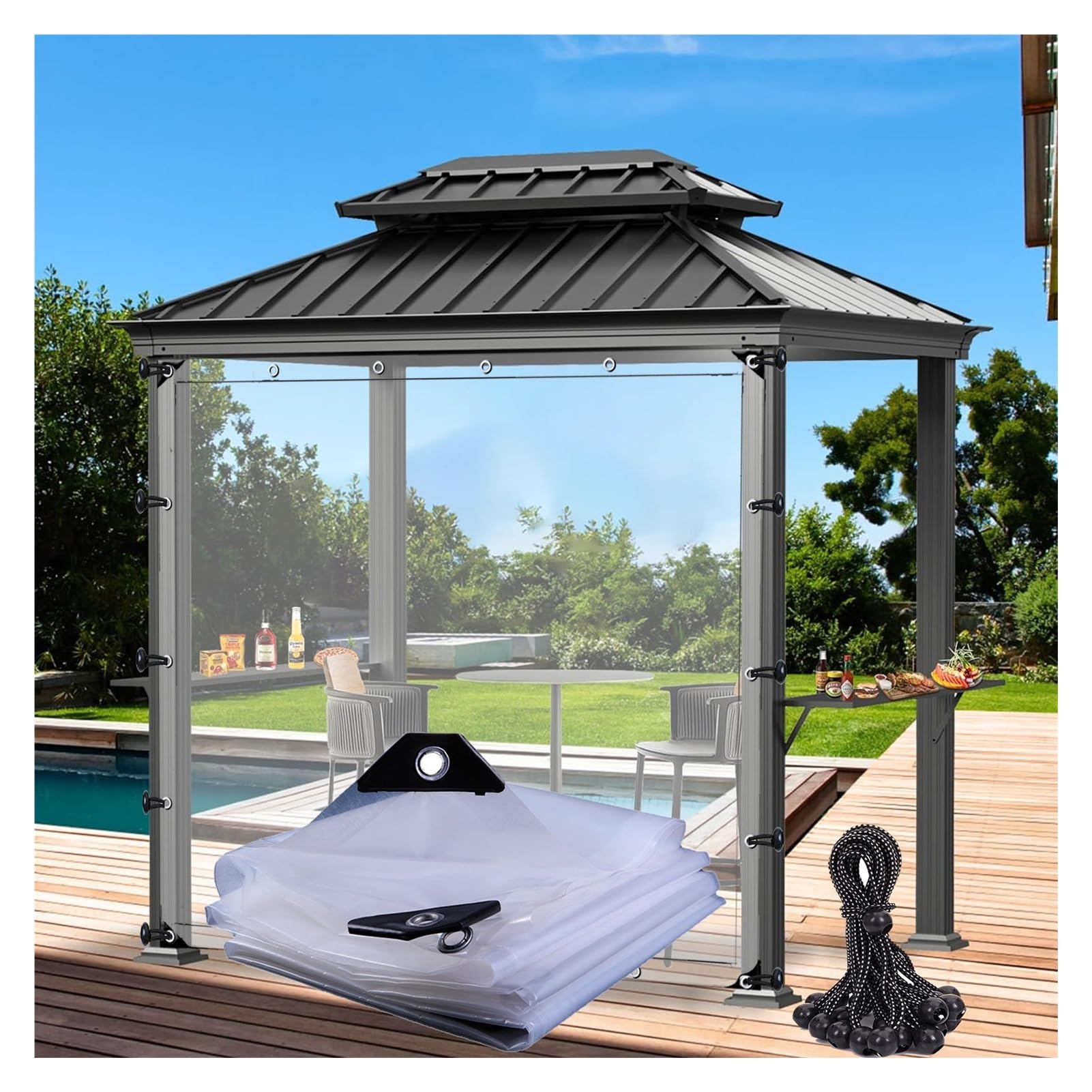 LGJEGD 0.12mm Pergola Waterproof Side Panels Gazebo Side Panels with Eyelets and Elastic rope (19.68x6.56'/6x2m)