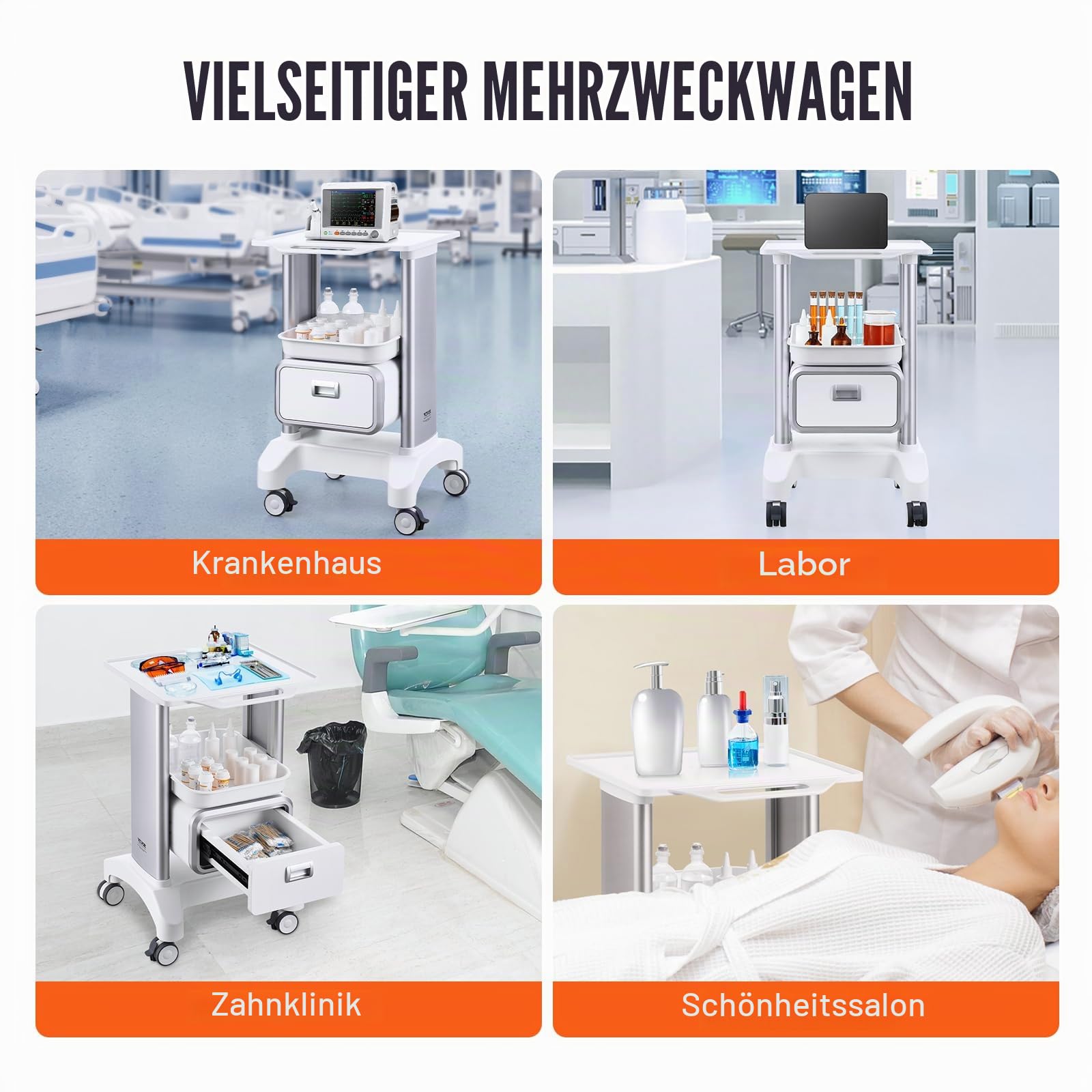 VEVOR Laborwagen Medizinwagen mit 1 Schublade und oberer Ablage, Rollbarer Laborwagen ABS Material, 50 kg belastbarer Servierwagen Medizinischer Wagen für Labor, Klinik, Krankenhaus, Salon, weiß