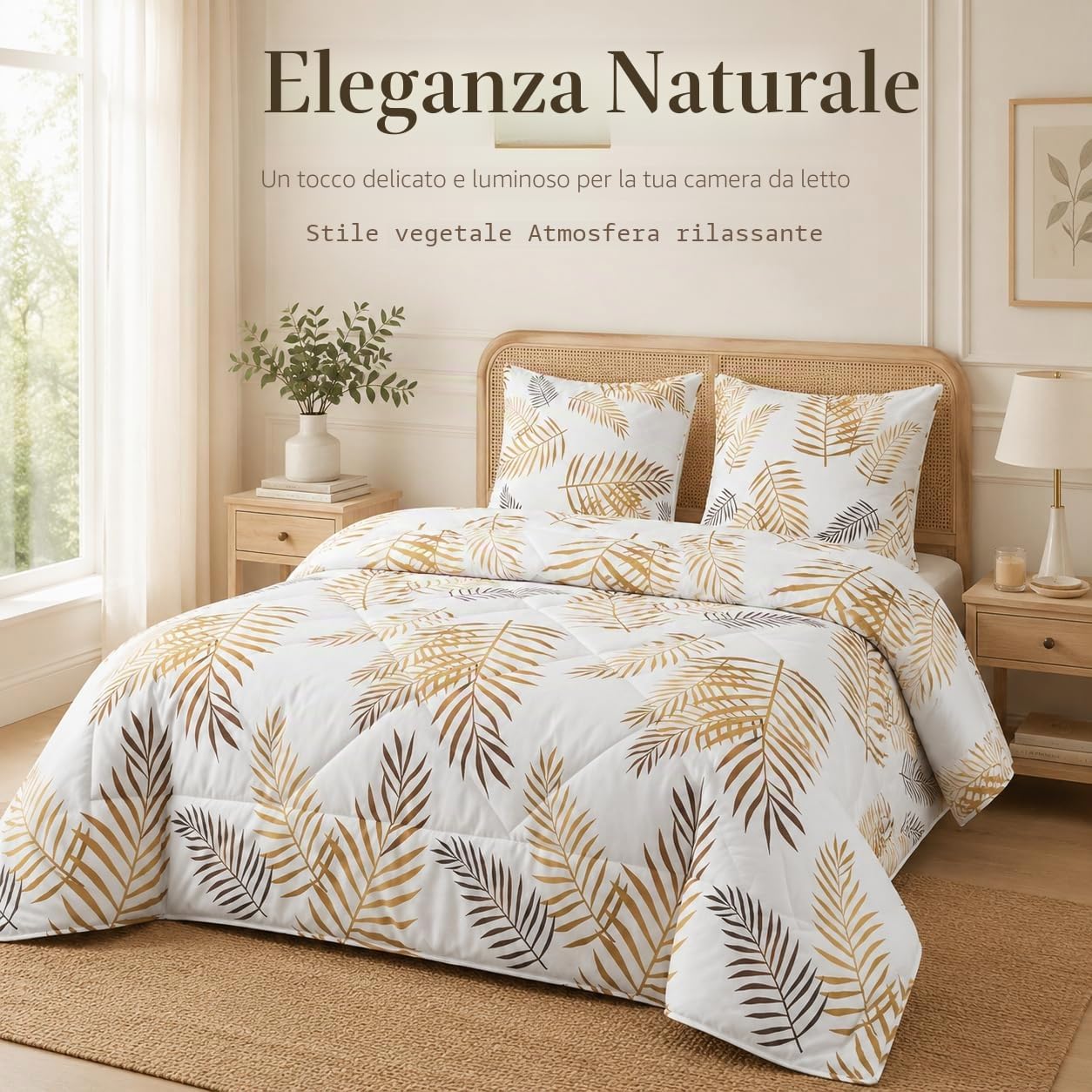 Trapunta 220 x 240 cm Piante Bianco Stampata Foglie Palma 4 Stagioni per Letto 2 Persone, Edredon Reversibile Trapunta Legere, Senza Houss e 2 federe 65 x 65 cm