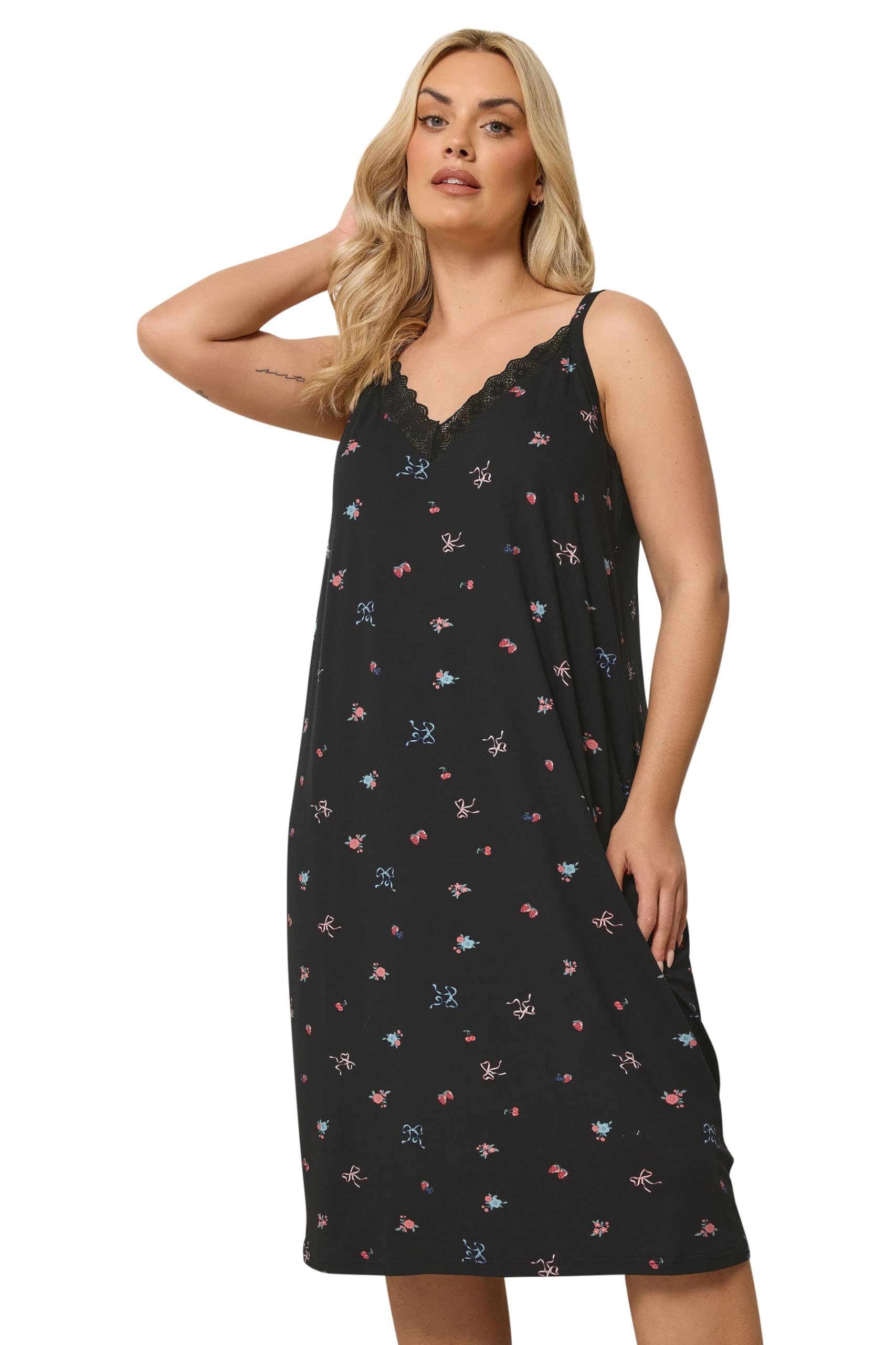 Yours Curve Floral Soft Touch Chemise Nightdress - Women's - Plus Size Curve Black