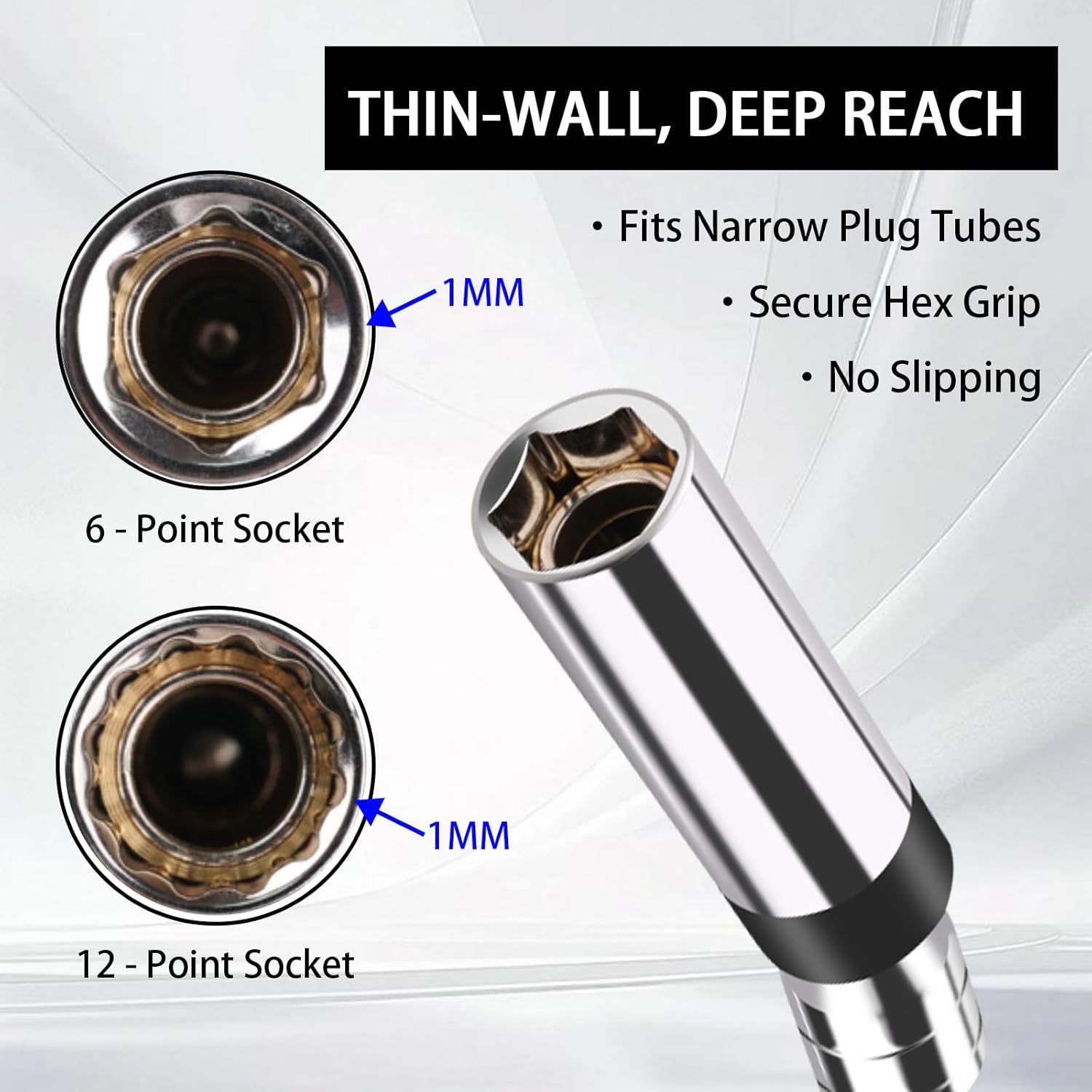 6-Piece Spark Plug Socket Set, 3/8-Inch Drive Magnetic Swivel, Thin-wall Sockets in Sizes 9/16 Inch, 5/8 Inch, 14 MM, and 16 MM for Removing and Installing Spark Plugs, Cr-V