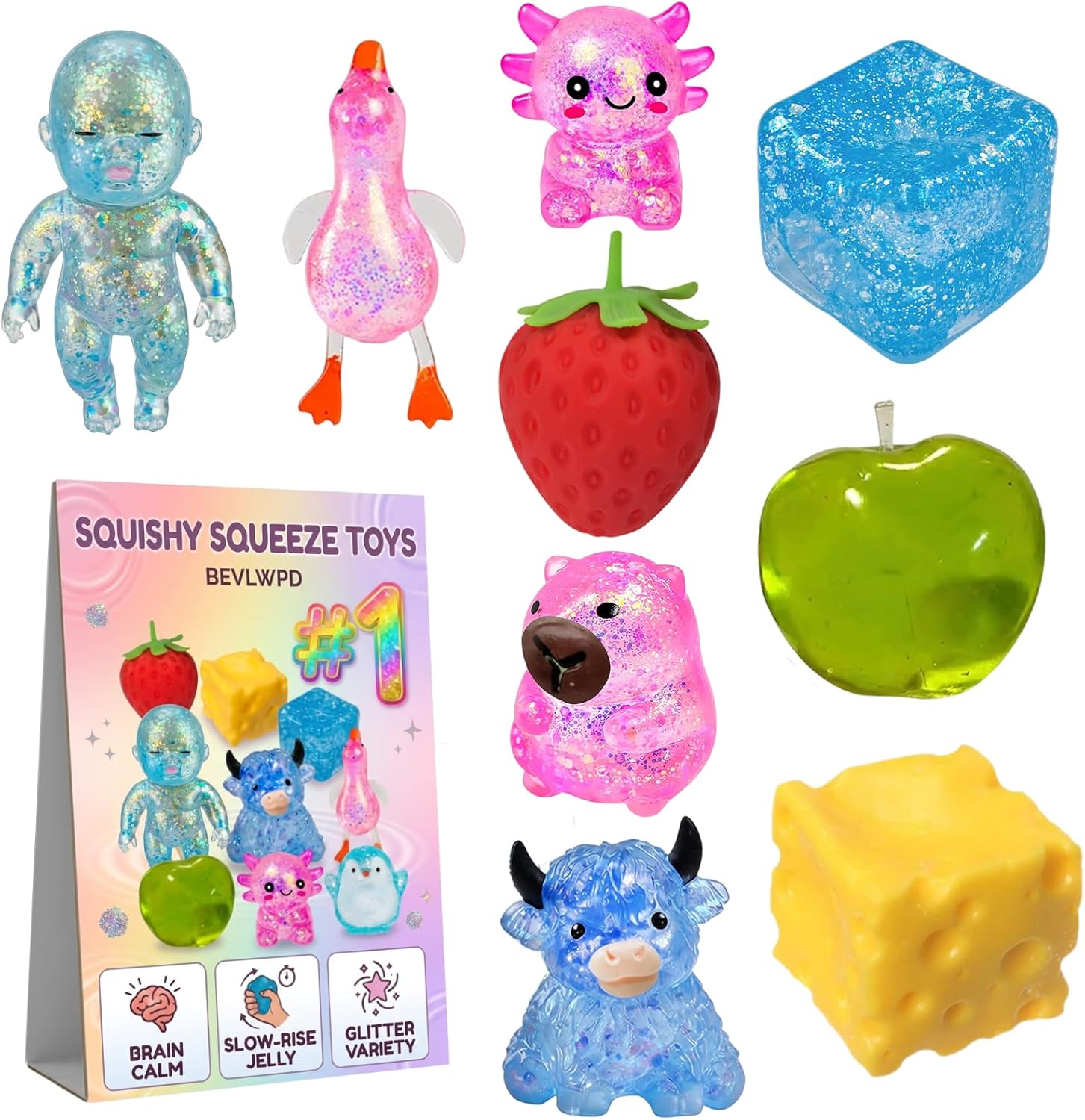 9 Pack Squishy Toys Squeeze Slow Rising Fidget Toy Sugar Filled Stress Ball Glitter Color Changing Cute Food-Shaped Highland Cow Cheese Strawberry Sugar Cube Duck Bear Crunchy