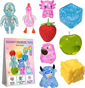 9 Pack Squishy Toys Squeeze Slow Rising Fidget Toy Sugar Filled Stress Ball Glitter Color Changing Cute Food-Shaped Highland Cow Cheese Strawberry Sugar Cube Duck Bear Crunchy