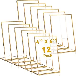 12 Pcs Acrylic Sign Holder Gold Frames Clear Wedding Table Number Frames Menu Holders Double Sided Table Display Stand Slanted Back Picture Frames for Wedding (Vertical Style, 4 x 6 Inch)
