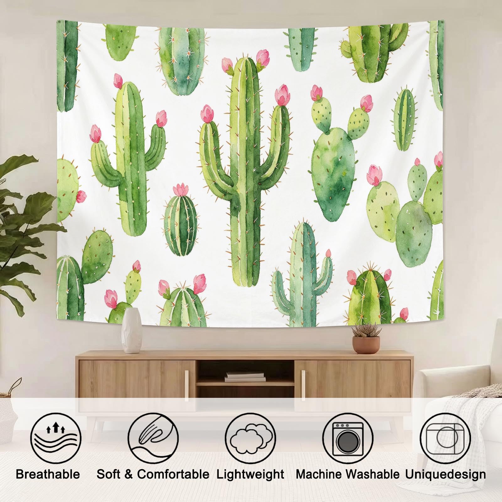 Arazzo da Parete Cactus Acquerello Rosa in Tessuto, 250x300 cm