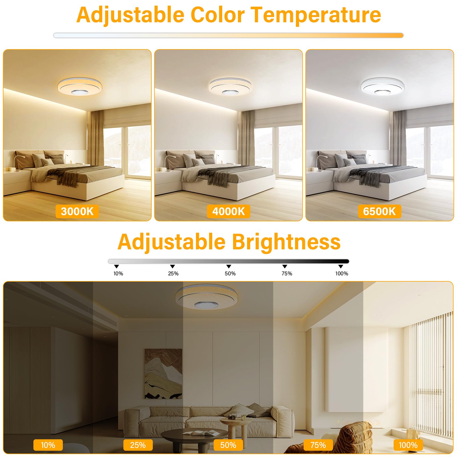 OGVDOE 48W Plafoniera LED Soffitto Dimmerabile Ø30CM Lampada da Soffitto RGB con Altoparlante Bluetooth Plafoniera LED RGB con Telecomando e Controllo APP per Bagno Soggiorno Camera da Letto