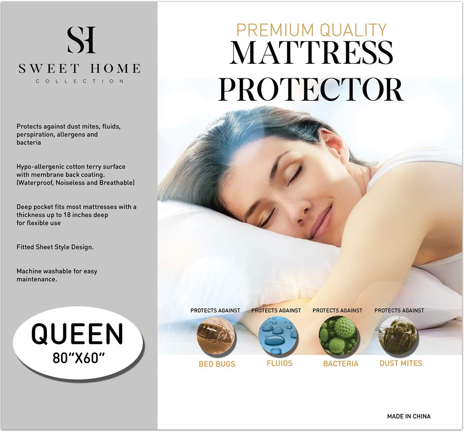 Sweet Home Collection Premium Waterproof Mattress Protector – Soft Cotton Bed Guard with Membrane Back Coating – Cover Protects Against Bedwetting, Queen, White (Pack of 1)