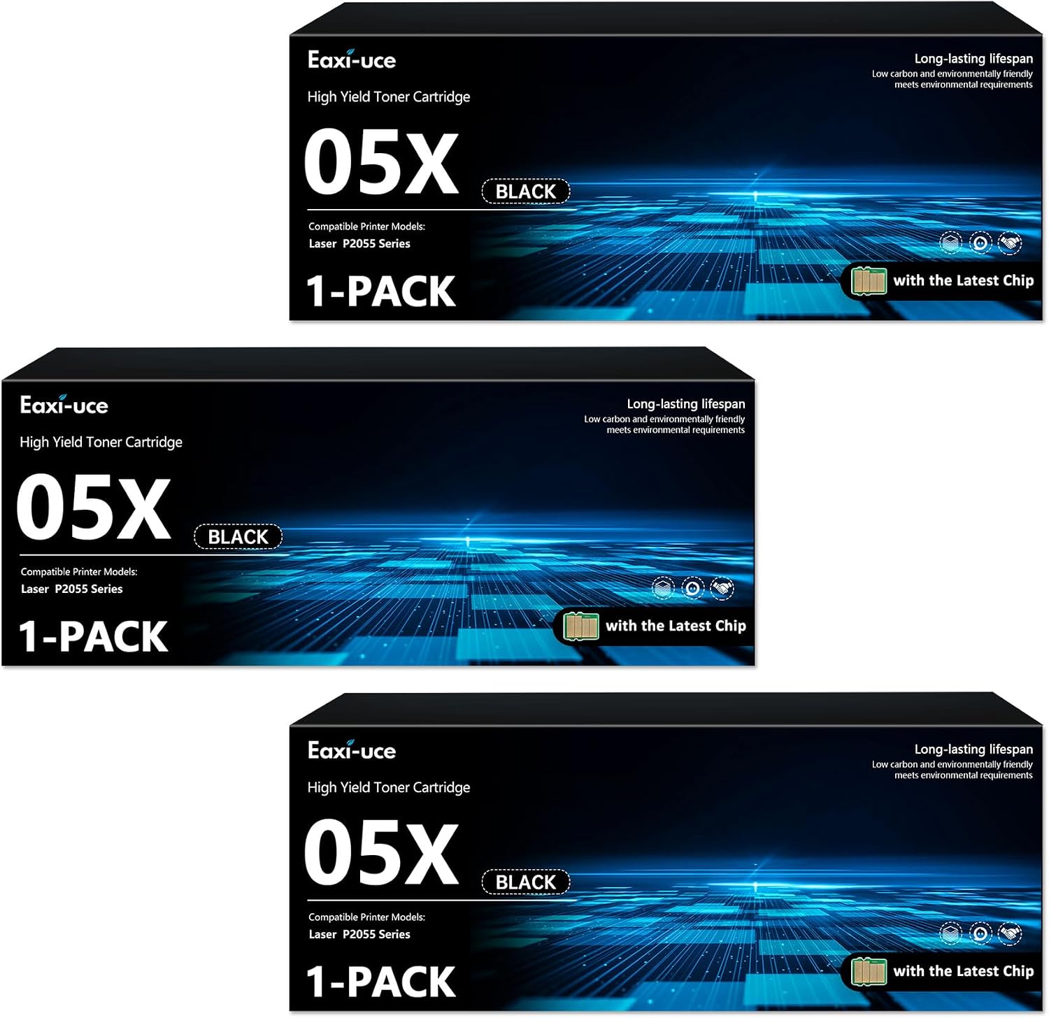 CE505X 05X Black High Yield Toner Cartridge with Chip 3 Pack, 05X Black Toner Cartridge Replacement for HP 05X CE505X Toner 05A CE505A Compatible with Laser P2055, P2055d, P2055dn, P2055x Printer