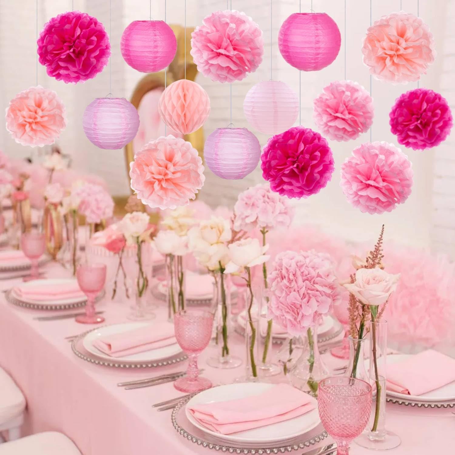 Rose Hot-Pink Party Decorations, Tissue Pom Poms, Paper Lanterns, Honeycomb Ball, Paper Circle Dots Garlands, 13 Pcs Hanging Party Supply Set for Bridal Wedding Birthday Supplies Decor