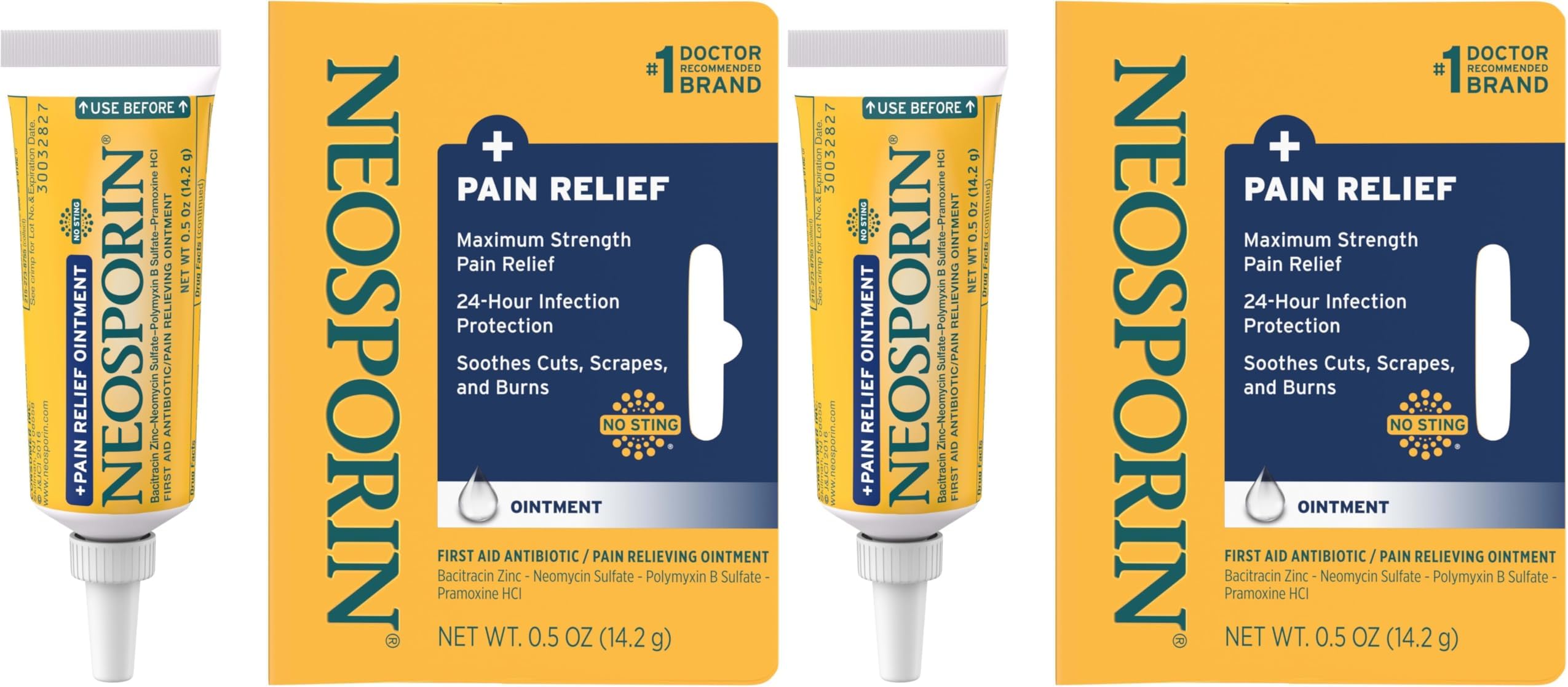 Neosporin + Maximum-Strength Pain Relief Dual Action Ointment, First Aid Topical Antibiotic & Analgesic Ointment for 24-Hour Infection Protection with Bacitracin Zinc & Pramoxine HCl,.5 oz (Pack of 2)