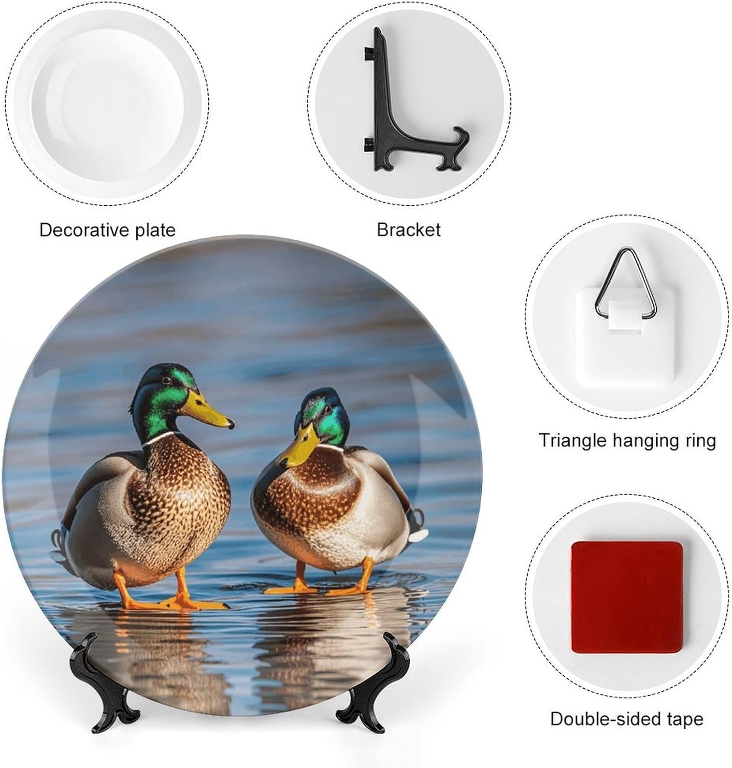 Two Mallard Ducks Ceramic Plate 10inch Decorative Bone China Wall Hanging Ornament Plates Bohemian Style Dinner Plate with Display Stand Cabinet Display Plates for Home Art Decor