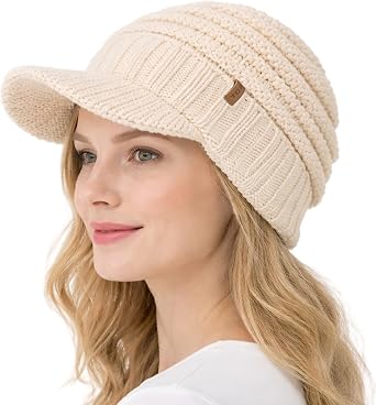 TOP-EX DryKnit Waterproof Visor Beanie for Women, Fleece Lined Winter Hat