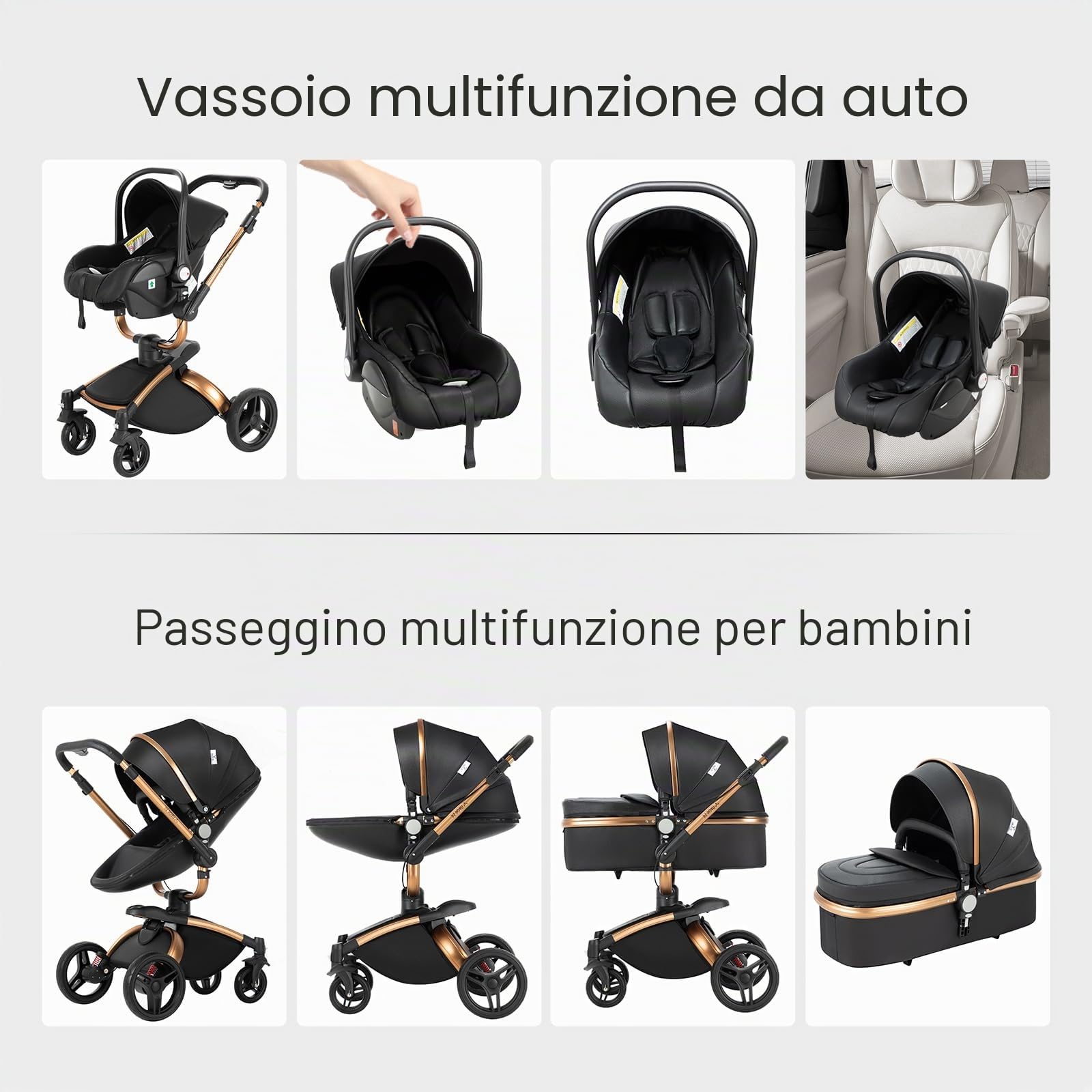 Magic ZC 360° Girevole Pelle PU Passeggino Trio 3 in 1 Reversibile a Due Vie per Neonati con Accessori (906 Black)