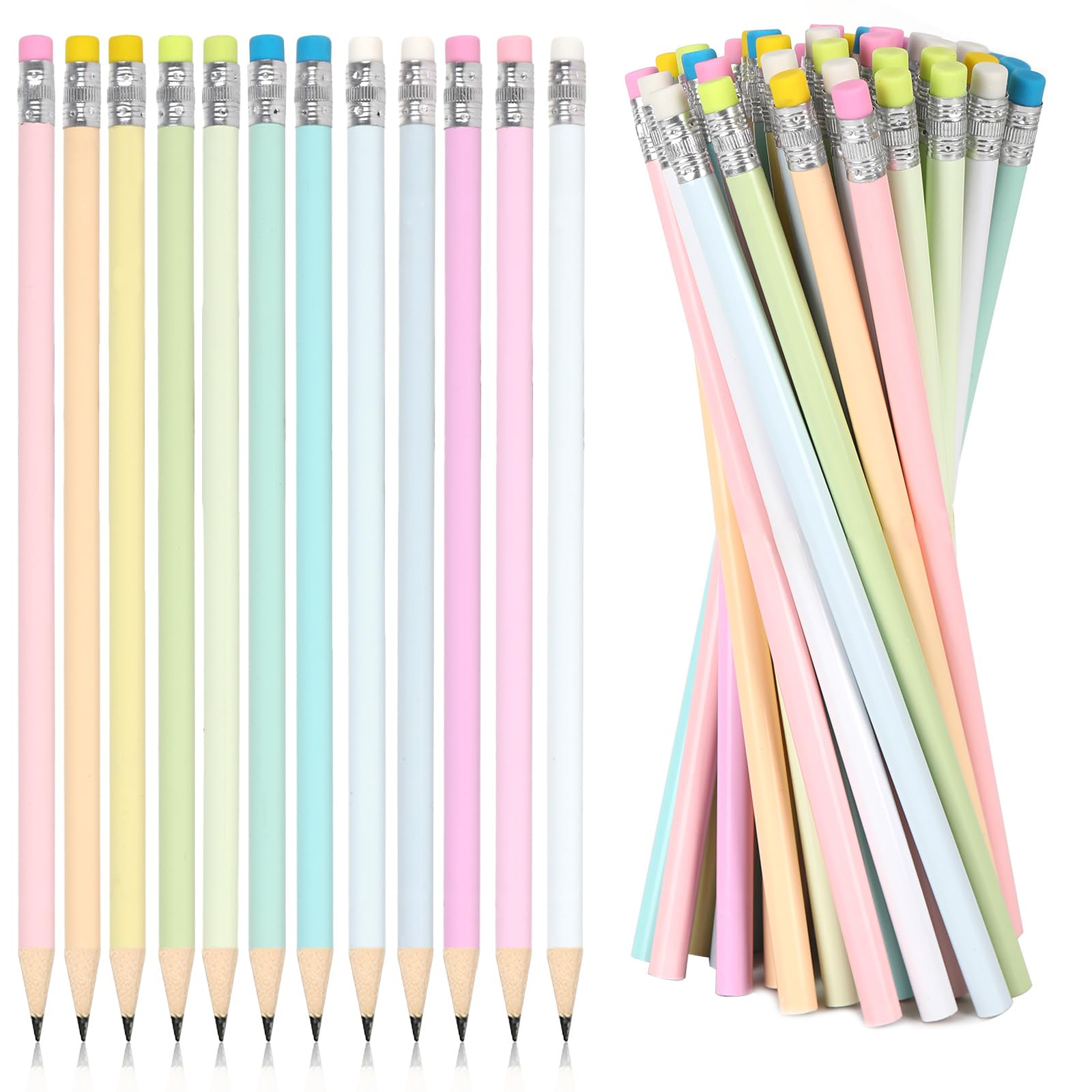 Whaline 48Pcs Colorful Pencils with Erasers Christmas Rainbow Color Wooden Pencil Unsharpened Writing Drawing Pencil for Xmas Party Supplies Stocking