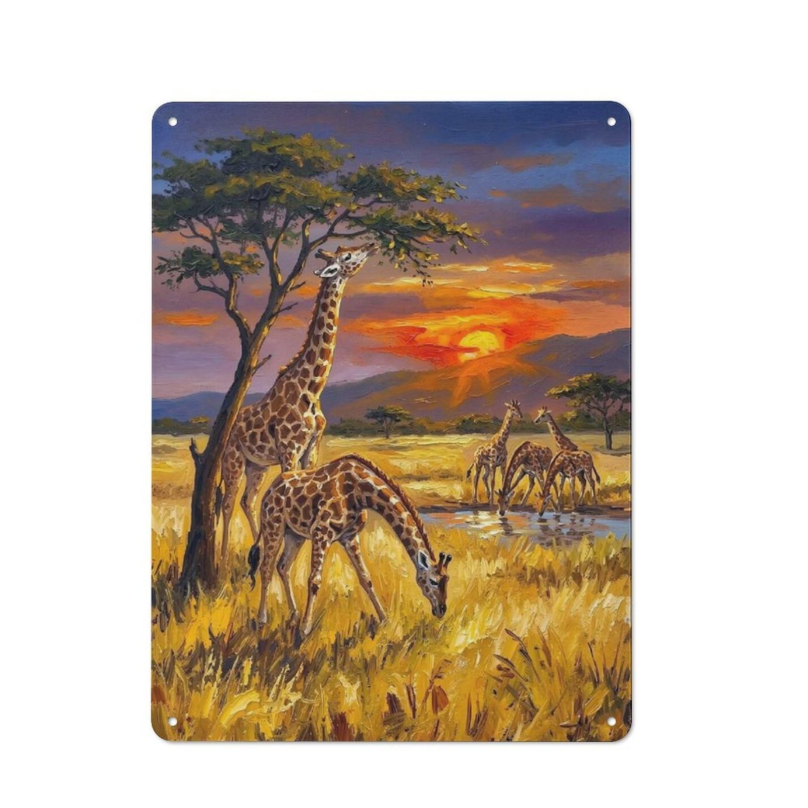 Giraffes at Sunset Painting Rustic Metal Sign 40x30cm, Barn Style Farmhouse Wall Decor for Kitchen, Cottage, Porch Or Garden Room