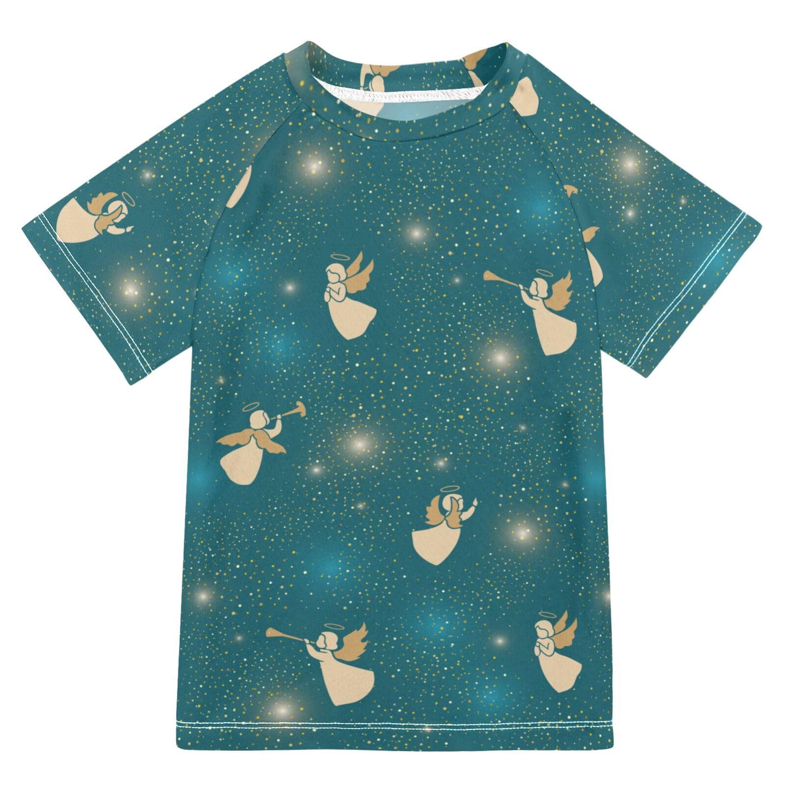 Aflyko Christmas Boys' Swim Shirt Golden Xmas Fairy Rash Guard Beachwear Sun Protection Fishing Hiking Camping Surfing Swimming Toddler Infant Summer Daily T-Shirt, 4T