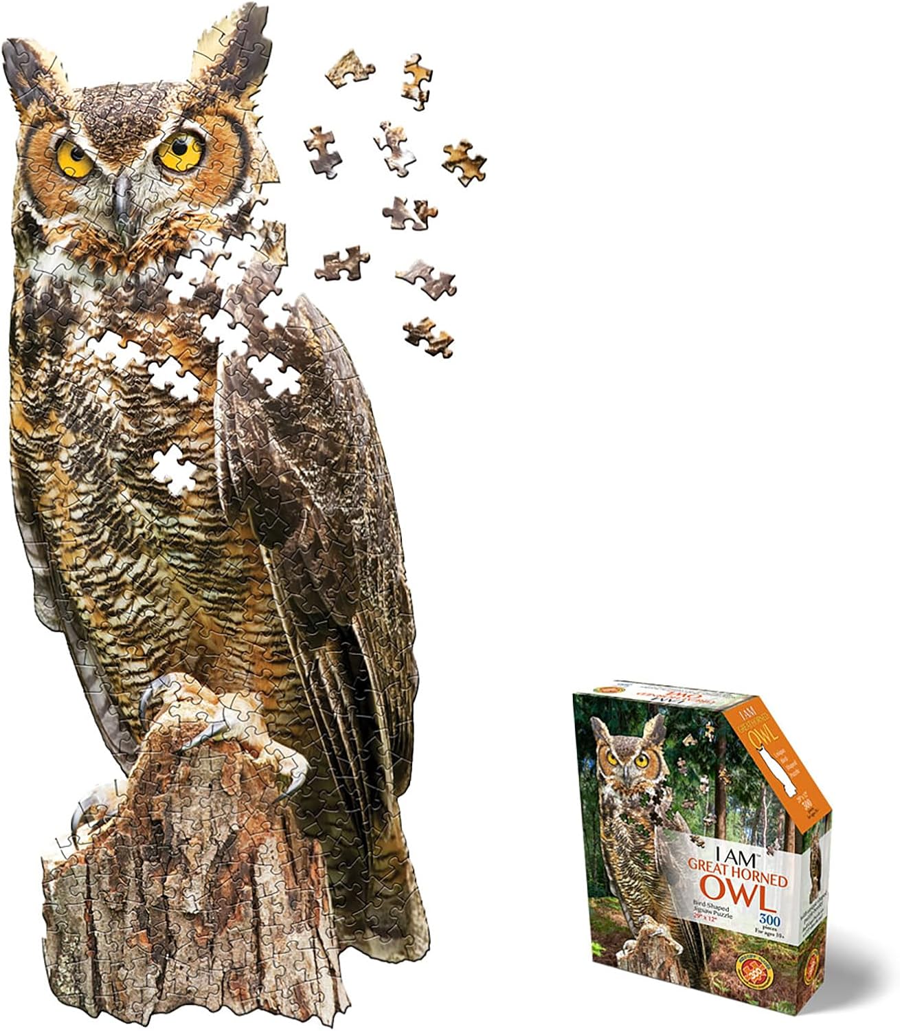 Madd CAPP: I AM Great Horned OWL - 300 Piece Jigsaw Puzzle, Bird-Shaped Puzzle, 29x12 Finished Size, Includes Fun Fact Booklet