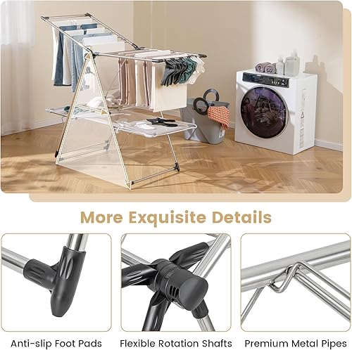 Miniatura 6 de Giantex Tendedero de secado de ropa, plegable de acero inoxidable con altura ajustable de 6 niveles, diseño de colgador alto, clips laterales,