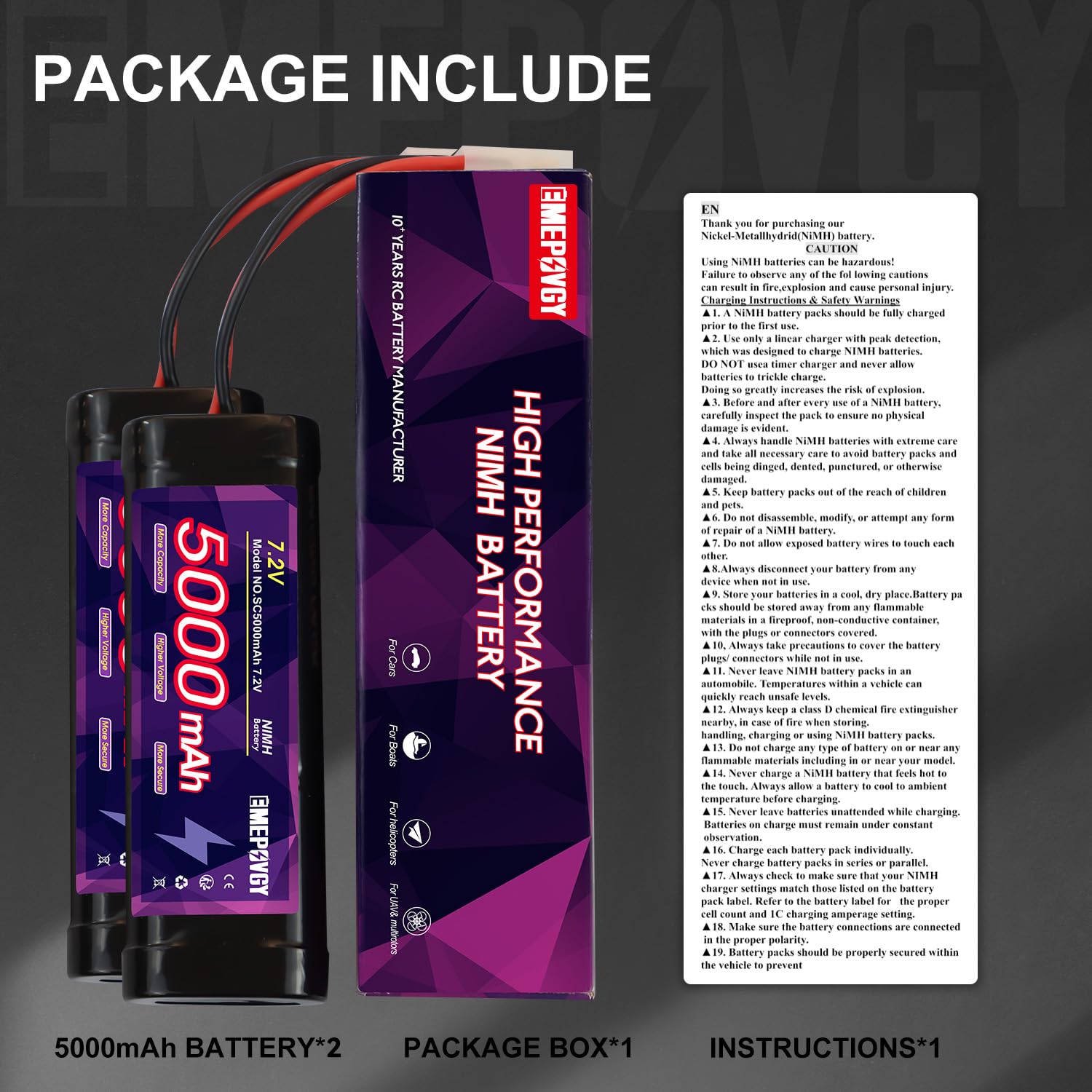 Batteria ricaricabile da 7,2 V RC NiMH, capacità 5000 mAh, batteria piatta a 6 celle con spina TMY (2 confezioni)