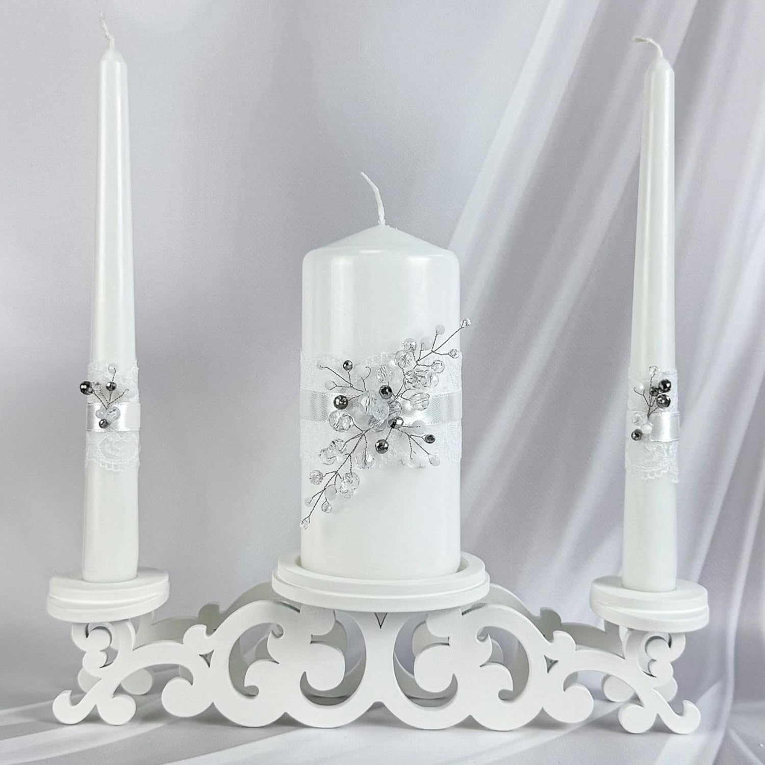 Unity Candle Set - Wedding Ceremony & Reception – 6” Pillar & Two 10” Taper Candles – Long Burning Unity Candles for Marriage Ritual – Handmade in USA –Diamond | White
