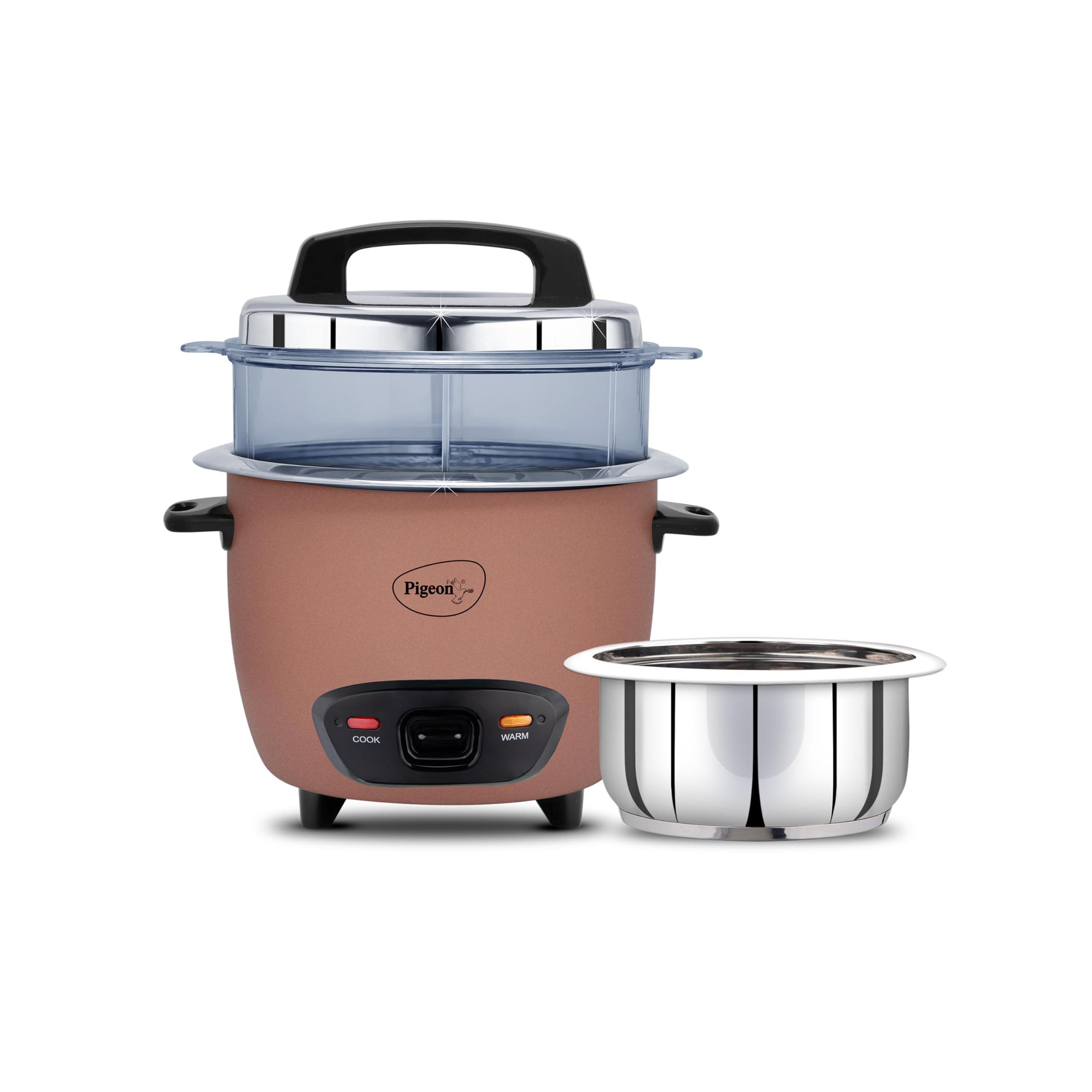 Pigeon Inox Pro Rice Cooker with Steamer, 1 litres | Stainless Steel Lid | 700 Watts | 1 Steel Cooking Pot | Measuring Cup | Spatula | Energy Efficient Cooking (Pink)-image-31