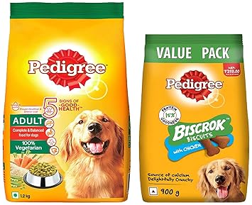 Pedigree Complete & Balanced Food for Puppy & Adult Dogs, 100% Vegetarian, 1.2 Kg & Pedigree All Life Stages Biscrok Dry Dog Biscuits (Above 4 Months), Chicken Flavor, 900g Pack