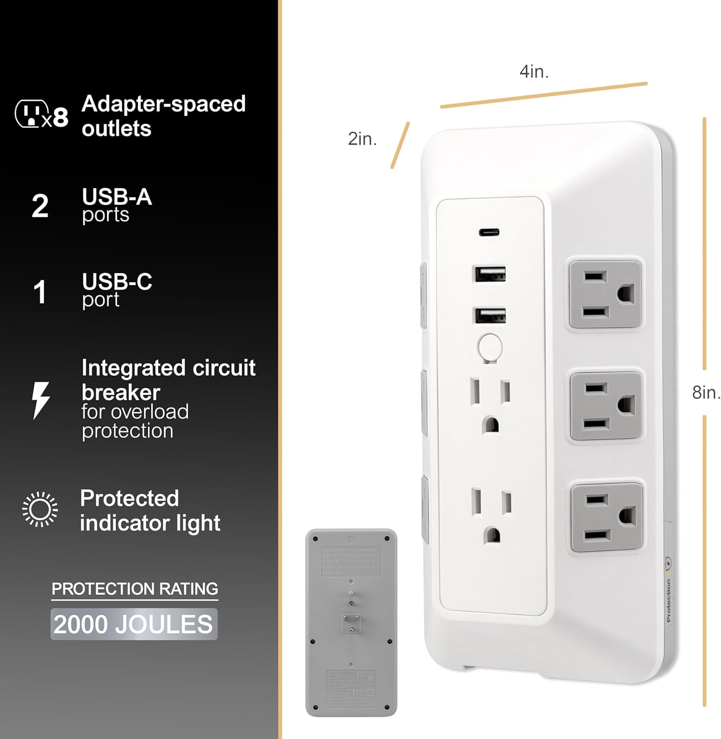 GE 8-Outlet Surge Protector with USB, Outlet Extender, 2 USB-A, 1 USB-C, Adapter Spaced, Multi Plug, Charging Station, for Home School and Office, 2000 Joules, White/Gray - 73654