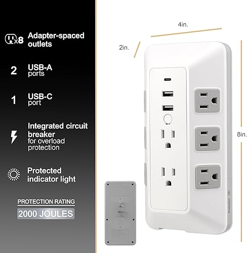 Miniatura 3 de GE Protector SurGE de 8 salidas con USB, extensor de salida, 2 USB-A, 1 USB-C, adaptador espaciado, enchufe múltiple, estación de carga, para la