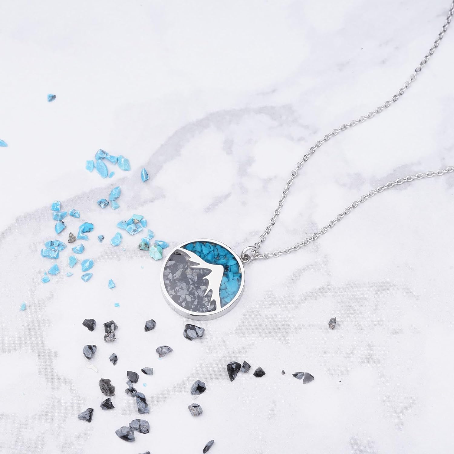 Lauren-Spencer Mountain Necklace for Women, Stainless Steel Pendant Necklace in Turquoise Sodalite Stone Chips, Dainty Nature Necklaces Jewelry Gifts for Skiers, Hikers, Campers, Climbers and Nature Lovers - Image 4